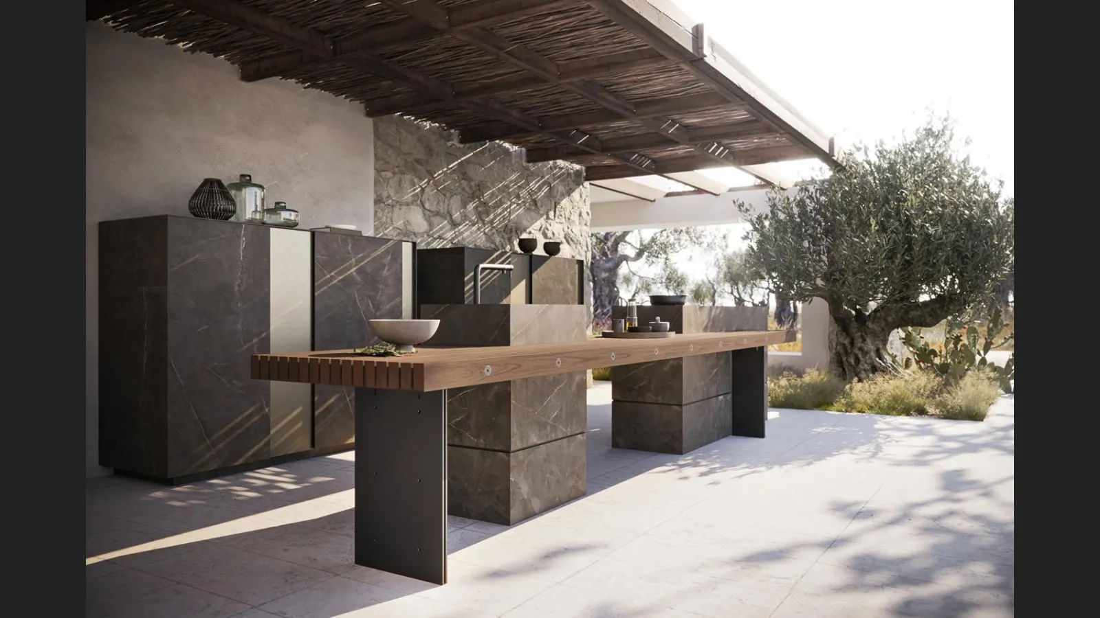 Cucina Design per esterno con isola Project 01 in gres e legno massello di Modulnova